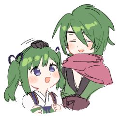 Rule 34 | 1boy, 1girl, closed eyes, father and daughter, fire emblem, fire emblem fates, green hair, headpat, japanese clothes, kaze (fire emblem), looking back, lowres, midori (fire emblem), ninja, nintendo, open mouth, purple eyes, scizor zealot, twintails