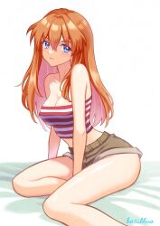 1girl bacillus bare_arms bare_legs bare_shoulders bed_sheet blue_eyes blush brown_shorts closed_mouth curvy hair_down light_blush light_smile long_hair looking_at_viewer neon_genesis_evangelion orange_hair shiny_skin shirt short_shorts shorts simple_background sitting solo souryuu_asuka_langley strapless striped_clothes striped_shirt thighs tsundere tube_top very_long_hair white_background wide_hips