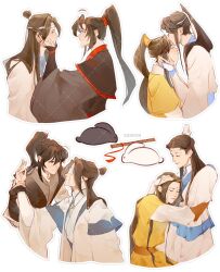 6+boys ahoge artist_name bindi black_gloves black_hanfu blindfold brown_hair chinese_clothes closed_eyes closed_mouth dizi facial_mark flute forehead_mark gloves hair_bun hand_on_another&#039;s_head hands_on_another&#039;s_face hanfu headband high_ponytail highres holding_another&#039;s_wrist hug instrument jin_guangyao jin_ling karmin kiss kissing_forehead lan_sizhui lan_wangji lan_xichen long_hair long_sleeves looking_at_another modao_zushi multiple_boys ponytail rabbit red_eyes ribbon sash smile tassel transverse_flute wei_wuxian white_background white_hanfu white_headband white_ribbon wide_sleeves xiao_guan_(headdress) xiao_xingchen xue_yang yaoi