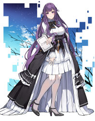 1girl absurdres artist_name black_coat black_ribbon blue_sky book breasts coat commentary dress english_commentary high_heels highres holding holding_book honkai_(series) honkai_impact_3rd kafka_(honkai_impact) large_breasts looking_at_viewer paid_reward_available pantyhose purple_eyes purple_hair ribbon sky smile solo vierzeck white_background white_dress white_pantyhose