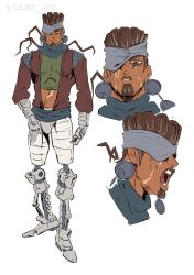 bantu_knots crop_top dark-skinned_male dark_skin earrings eyelashes facial_hair genda_art headband highres jewelry jojo_no_kimyou_na_bouken male_focus mohammed_avdol muscular muscular_male parted_lips prosthesis prosthetic_leg scar stardust_crusaders vento_aureo