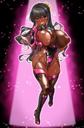 1girl alternate_skin_color black_boots black_hair blush boots breasts brown_gloves cleavage colored_inner_hair covered_erect_nipples dark-skinned_female dark_skin eyebrows_hidden_by_hair finger_to_own_chin fishnet_gloves fishnet_thighhighs fishnets full_body garter_belt gloves grin groin hair_ribbon highres huge_breasts inverted_nipples kantai_collection large_areolae large_variant_set lips long_hair looking_at_viewer multicolored_hair naganami_(kancolle) open_mouth pink_hair pubic_tattoo ribbon smile solo super_highleg taimanin_suit tattoo teeth thighhighs vambraces variant_set yellow_eyes yellow_ribbon yoshi_tama