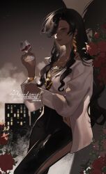 Rule 34 | 1girl, absurdres, alcohol, artist request, black hair, black pants, brown eyes, brown sky, centurion (reverse:1999), city lights, cloud, commission, cowboy shot, cup, dark-skinned female, dark skin, drinking glass, earrings, flower, from side, grin, hair over one eye, hand up, highres, holding, holding cup, jewelry, long hair, long sleeves, looking at viewer, necklace, night, night sky, one eye covered, pants, parted lips, red flower, reverse:1999, second-party source, shirt, sky, smile, solo, watermark, white shirt, wine, wine glass