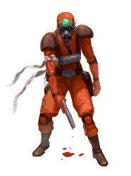 1boy bad_id bad_pixiv_id blood cable chirico_cuvie emma_(transformersera) gas_mask goggles gun handgun helmet holding holding_gun holding_weapon looking_down male_focus mask open_hand pilot_suit pistol solo soukou_kihei_votoms tourniquet weapon