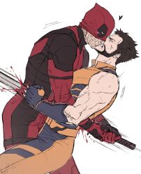 2boys anger_vein animification ass beard black_gloves bleeding blood blood_on_clothes blush bodysuit brown_hair deadpool deadpool_&amp;_wolverine deadpool_(series) facial_hair gloves gyeleul heart highres holding holding_sword holding_weapon impaled injury katana kiss looking_at_another male_focus marvel marvel_cinematic_universe mask mask_lift multiple_boys muscular muscular_male pectorals red_bodysuit red_mask scar simple_background stab superhero_costume sword thighs two-tone_bodysuit violence weapon white_background wolverine_(x-men) x-men yaoi yellow_bodysuit