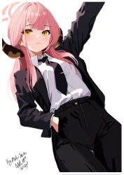 1girl :| absurdres arm_up artist_name aru_(blue_archive) black_jacket black_necktie black_pants black_suit blue_archive blunt_bangs breasts brown_horns business_suit closed_mouth collared_shirt demon_horns dot_nose double-parted_bangs expressionless formal_clothes hair_over_shoulder halo hand_in_pocket highres horns jacket light_blush long_hair long_sleeves looking_at_viewer medium_breasts melissa_v2 necktie office_lady pant_suit pants pink_hair pink_halo shirt shirt_tucked_in signature simple_background suit suit_jacket tie_clip white_background yellow_eyes