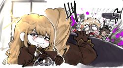1boy 1girl ascot asgore_running_over_dess_(meme) black_gloves blonde_hair blood blood_from_mouth blush brown_ascot brown_dress brown_gloves brown_hair car catherine_(project_moon) character_doll dark-skinned_male dark_skin doll dress driving english_text flower gloves grass heathcliff_(project_moon) hindley_(project_moon) limbus_company long_hair meme motor_vehicle project_moon purple_flower short_hair sparkle steering_wheel udiedguy window