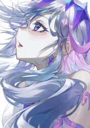 Rule 34 | 1girl, absurdres, arupaoka, circlet, close-up, colored inner hair, commentary, earrings, english commentary, floating hair, from side, gradient hair, grey hair, hair flaps, headpiece, highres, hololive, hololive english, jewelry, koseki bijou, koseki bijou (1st costume), long hair, looking up, multicolored hair, open mouth, pink hair, purple eyes, purple hair, simple background, solo, strapless, virtual youtuber, white background
