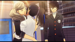 Rule 34 | 1boy, 2girls, absurdres, amamiya ren, artist name, black hair, blonde hair, closed eyes, commentary, commission, couple, crying, english commentary, highres, hug, kiss, letterboxed, looking at another, multiple girls, persona, persona 5, personaparadise, ponytail, rooftop, school uniform, smile, suzui shiho, takamaki anne, twintails, watermark, yuri