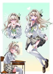 1girl absurdres black_hairband black_ribbon blush bow bowtie buttons chair closed_mouth desk double-breasted firefly_(honkai:_star_rail) firefly_(spring_missive)_(honkai:_star_rail) flower gradient_hair green_bow green_bowtie green_pupils grey_hair grey_sailor_collar grey_skirt hair_between_eyes hair_intakes hair_ornament hairband highres holding holding_flower holding_letter honkai:_star_rail honkai_(series) letter long_hair love_letter multicolored_eyes multicolored_hair on_chair plaid_bow plaid_bowtie plaid_clothes pleated_skirt ponytail poopirat-big ribbon sailor_collar school_desk sitting skirt smile solo thighhighs white_thighhighs