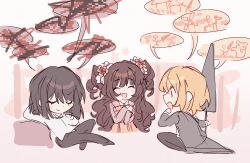 3girls arms_behind_head black_coat black_hair black_pants blonde_hair blood bob_cut brown_hair censored cheromo159 cigarette closed_eyes closed_mouth coat collared_shirt commentary don_quixote_(project_moon) drill_hair english_commentary flower hair_flower hair_ornament hairband highres holding holding_cigarette holding_polearm holding_weapon lance limbus_company long_hair lying mosaic_censoring multiple_girls on_back pants polearm project_moon ryoshu_(project_moon) shirt short_hair speech_bubble twintails weapon white_shirt xue_baochai_(project_moon)