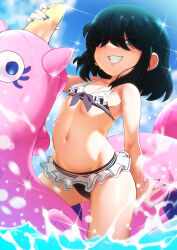 1girl bikini black_hair blue_eyes character_request copyright_request flat_chest grin hair_over_eyes highres jcm2 navel parted_lips short_hair smile swimsuit