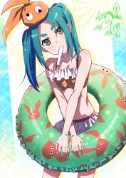 Rule 34 | 1girl, aqua hair, bakemonogatari, blush, female focus, food, green eyes, hair ornament, hat, highres, ice cream, innertube, lifeguard, long hair, looking at viewer, makicha (sasurainopink), monogatari (series), ononoki yotsugi, solo, swim ring, swimsuit, tsukimonogatari, twintails