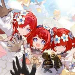Rule 34 | 4girls, :d, bare shoulders, black gloves, blindfold, blue eyes, brown gloves, chinese commentary, commentary request, cross-shaped pupils, dress, female pov, feng zhu shang beo hen, flower, gloves, grin, hair flower, hair ornament, hair over one eye, head wreath, highres, honkai: star rail, honkai (series), looking at viewer, multiple girls, open mouth, out of frame, pointy ears, pov, red hair, smile, star balloon, stelle (honkai: star rail), symbol-shaped pupils, trailblazer (honkai: star rail), trianne (honkai: star rail), tribbie (honkai: star rail), trinnon (honkai: star rail), upper body, white blindfold, white dress, white flower