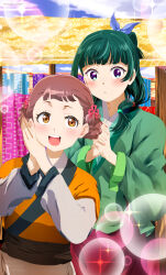Rule 34 | 2girls, absurdres, beads, blunt bangs, blush, bow, braid, braided hair rings, bubble, chinese clothes, cloud, cloudy sky, collarbone, freckles, green hair, green hanfu, hair bow, hair ornament, hair rings, hands on own face, hanfu, happy, highres, kusuriya no hitorigoto, looking at viewer, maomao (kusuriya no hitorigoto), multiple girls, open mouth, orange eyes, orange hanfu, own hands clasped, own hands together, purple eyes, red hair, sengoku chidori, sidelocks, sky, sparkle, xiaolan (kusuriya no hitorigoto)