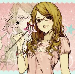 1girl aseupilin666 blonde_hair border bracelet brown_eyes clothes_writing collared_shirt french_text glasses grin holding holding_wand jewelry kawase_tomoko lips looking_at_viewer medium_hair multiple_bracelets parted_bangs pink_background pink_shirt pinky_out real_life red-framed_eyewear shirt short_sleeves smile solo star_wand teeth tommy_february6 upper_body wand white_border zoom_layer