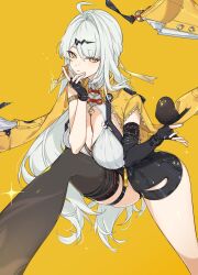 1girl absurdres ahoge asymmetrical_gloves awe_(adorableduckyy) bird bird_on_hand black_bird black_gloves black_shorts black_thighhighs breasts cleavage closed_mouth collar elbow_gloves fingerless_gloves gloves hair_ornament high-waist_shorts highres holding_ofuda jacket large_breasts long_hair looking_at_viewer mole mole_on_breast shirt shorts single_elbow_glove single_thighhigh solo thighhighs thighs uneven_gloves very_long_hair white_collar white_hair white_shirt yellow_background yellow_eyes yellow_jacket yi_xuan_(zenless_zone_zero) zenless_zone_zero