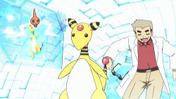 1boy ampharos animated animated_gif gen_2_pokemon gen_4_pokemon glasses lowres nintendo pokemon pokemon_(anime) pokemon_(creature) rotom samuel_oak sunglasses