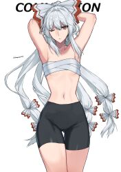 1girl absurdres armpits arms_behind_head bike_shorts bow breasts chest_sarashi commentary_request commission cowboy_shot fujiwara_no_mokou hair_bow highres himadera long_hair looking_at_viewer multiple_hair_bows navel no_shirt one_eye_closed red_eyes sarashi simple_background skeb_commission small_breasts solo stomach touhou very_long_hair white_background white_bow white_hair