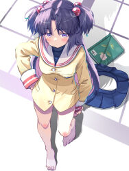 Rule 34 | 1girl, akayama yukihe, barefoot, blazer, blue shirt, blush, book, buttons, clannad, closed mouth, commentary request, drop shadow, expressionless, foreshortening, from above, full body, hair bobbles, hair ornament, hand on own hip, highres, hikarizaka private high school uniform, ichinose kotomi, jacket, long hair, looking at viewer, looking up, miniskirt, no pants, parted bangs, pleated skirt, purple hair, sailor collar, school uniform, serafuku, shirt, sidelighting, simple background, skirt, sleeves past wrists, solo, standing, tsurime, two side up, unworn skirt, very long hair, white background, white sailor collar, yellow jacket