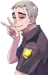 1boy bright_pupils commentary_request from_side grey_hair grin half-closed_eyes hand_up jacket male_focus nanu_(pokemon) nintendo nyoripoke pokemon pokemon_sm red_eyes short_hair short_sleeves simple_background smile solo teeth twitter_username upper_body v white_background white_pupils
