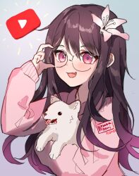 1girl :d adjusting_eyewear animal animal_hug arm_up blood blood_from_mouth brown_hair collared_shirt copyright_request dated dog fang flower glasses hair_between_eyes hair_flower hair_ornament kobutanori long_hair long_sleeves open_mouth pink_shirt puffy_long_sleeves puffy_sleeves purple_eyes round_eyewear shirt sleeves_past_wrists smile solo upper_body very_long_hair virtual_youtuber white_flower youtube_logo