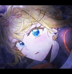 Rule 34 | 1girl, blonde hair, blue eyes, braid, braided bangs, bun with braided base, double exposure, eyelashes, hair bun, hair intakes, highres, kim 8thhh, kiperina, parted lips, portrait, reverse:1999, short hair, sky, solo, star (sky), starry sky