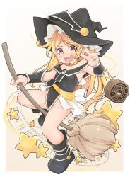 1girl adapted_costume black_boots black_hat blonde_hair blush boots braid broom broom_riding groin hat highres kirisame_marisa long_hair mini-hakkero open_mouth single_braid solo star_(symbol) touhou turnip_kabura v witch_hat yellow_eyes