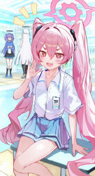 3girls absurdres blue_archive blue_skirt blush collared_shirt cross-shaped_pupils fang hair_between_eyes halo highres id_card indoors koyuki_(blue_archive) long_hair looking_at_viewer mamo_(user_jjca7524) millennium_science_school_logo multiple_girls noa_(blue_archive) notice_lines open_mouth pink_eyes pink_hair pleated_skirt purple_hair school_uniform shirt sitting skin_fang skirt solo_focus symbol-shaped_pupils twintails very_long_hair white_hair white_shirt yuuka_(blue_archive)