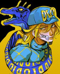 1boy argyle_clothes argyle_sweater bandage_on_face bandages blonde_hair blue_bow blue_eyes blue_helmet blue_sweater bow commentary diego_brando dinosaur fangs helmet highres jojo_no_kimyou_na_bouken looking_at_viewer male_focus medium_hair parted_lips scary_monsters_(stand) stand_(jojo) steel_ball_run sweater teeth transformation turtleneck turtleneck_sweater yissopiart
