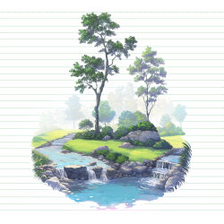 Rule 34 | bush, canal, day, highres, isobe toast, no humans, original, outdoors, paper background, scenery, tree, water