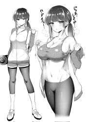 1girl breasts breath cleavage clipboard collarbone corrupted_twitter_file dumbbell greyscale highres holding holding_clipboard holding_dumbbell jacket linea_alba long_hair monochrome navel open_clothes open_jacket original pants ponytail ryopa shoes short_shorts shorts sports_bra stomach sweat track_jacket translation_request yoga_pants zipper zipper_pull_tab