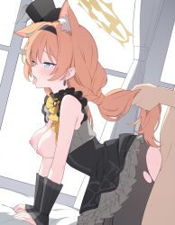 1boy 1girl absurdres all_fours animal_ears black_dress black_pantyhose blue_archive blue_eyes breasts cat_ears clothed_sex commentary_request doggystyle dress earrings extra_ears halo hetero highres idol_clothes jewelry jyt long_hair mari_(blue_archive) mari_(idol)_(blue_archive) medium_breasts nipples open_mouth orange_hair pantyhose sex sex_from_behind sleeveless sleeveless_dress solo_focus tongue tongue_out torn_clothes torn_pantyhose yellow_halo