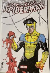 1boy black_hair blood blood_on_clothes blood_on_face blood_on_hands broken_eyewear commentary commission crossover english_commentary frown highres invincible_(character) invincible_(series) male_focus marker_(medium) marvel photo_(medium) ryan_ottley signature solo spider-man spider-man_(series) torn_clothes traditional_media