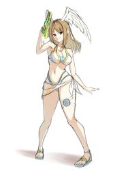 1girl bikini blue_eyes blue_sandals breasts brown_hair cleavage commentary_request eunie_(xenoblade) feathered_wings full_body grin head_wings highres holding holding_water_gun large_breasts long_hair looking_at_viewer navel okazu2010015 sandals simple_background sketch smile solo standing stomach swimsuit thigh_strap water_gun white_background white_bikini white_wings wings xenoblade_chronicles_(series) xenoblade_chronicles_3