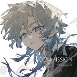 1boy blue_eyes blue_lock english_text hair_between_eyes highres looking_at_viewer male_focus michael_kaiser monota02 multicolored_hair open_mouth portrait shirt simple_background solo