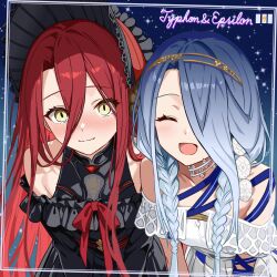 2girls arm_ribbon armor armored_dress asymmetrical_sleeves bare_shoulders black_armor black_bonnet black_dress blue_ribbon blush bonnet braid breasts character_name closed_eyes dress dual_persona fate/grand_order fate_(series) hair_between_eyes hair_over_one_eye high-low_dress highres jewelry long_hair mismatched_sleeves multiple_girls nervous_smile one_eye_covered open_mouth red_hair red_ribbon ribbon small_breasts smile tokinin4 twin_braids typhon_ephemeros_(fate) typhon_ephemeros_(second_ascension)_(fate) typhon_epsilon_(fate) very_long_hair white_dress yellow_eyes