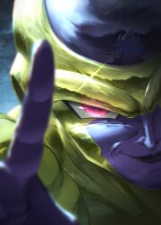 Rule 34 | 1boy, artist collaboration, close-up, colored skin, dragon ball, dragon ball z, dragon ball z fukkatsu no f, dragonball z, eye reflection, frieza, gold skin, golden frieza, highres, male focus, no eyebrows, red eyes, reflection, smirk, solo, super saiyan, super saiyan blue, tcdynamite12, terminal 000, yellow skin