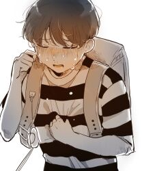 Rule 34 | 1boy, aged down, backpack, bag, blush, closed eyes, clothes grab, crime prevention buzzer, crying, dos i2525, furrowed brow, futsuu no keion-bu, male focus, monochrome, open mouth, shirt, shirt grab, short hair, simple background, solo, striped clothes, striped shirt, t-shirt, takami kouki, tears, upper body, white background