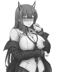 1girl absurdres akuma_nihmune akuma_nihmune_(1st_costume) banefury choker demon_girl ear_piercing facial_mark greyscale heart heart_facial_mark highres horns indie_virtual_youtuber leash loose_clothes loose_necktie loose_shirt monochrome necktie piercing shirt virtual_youtuber