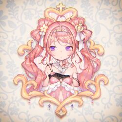 Rule 34 | 1girl, ahoge, bare shoulders, blush, border, bow, closed mouth, detached collar, dot mouth, dot nose, floral background, hair bow, hair ornament, henreader, kyou kara ore wa loli no himo!, long hair, looking at viewer, navel, off shoulder, pink hair, purple eyes, solo, tanzawa chizuru, tiara, twintails, upper body