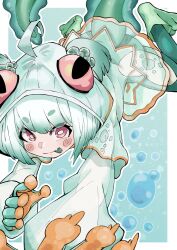 1girl 2025 action ahoge blush breasts bubble dokogero fang flat_chest frog_girl frog_tail green_hair green_shoes indie_virtual_youtuber loli rebbi_rompin shoes sitting small_breasts tongue tongue_out tr91641m