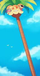 absurdres alolan_exeggutor alolan_form blue_sky choice_specs closed_mouth cloud commission day fangs fangs_out gen_7_pokemon goggles grin highres nintendo no_humans open_mouth outdoors pokemon pokemon_sm sky smile sunglasses swim_goggles taplaos tongue tongue_out tree