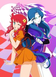 2girls ace_(playing_card) ace_of_diamonds artist_name black_sleeves blue_eyes blue_eyeshadow blue_hair breasts capelet card clover_hair_ornament cowboy_shot curly_hair diamond_(shape) dress eyeshadow four-leaf_clover_hair_ornament hair_ornament hand_up hashtag-only_commentary heart heart_necklace highres holding holding_card jewelry kanzaki_megu long_hair looking_at_viewer majokko_megu-chan makeup medium_breasts multiple_girls necklace non_gou one_eye_closed orange_dress pale_skin parted_lips pendant playing_card puffy_short_sleeves puffy_sleeves purple_capelet purple_dress red_hair short_dress short_sleeves signature smile standing thighs v very_long_hair yoshinaga_masahiro