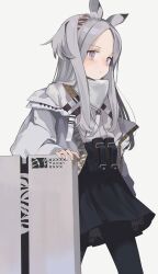 1girl animal_ears arknights black_pantyhose black_skirt closed_mouth commentary cowboy_shot grey_background grey_hair grey_jacket grey_shirt heavyrain_(arknights) highres jacket long_hair looking_at_viewer pantyhose parted_bangs purple_eyes saiy0u shield shirt simple_background skirt sleeves_past_wrists solo standing strap