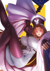1girl ass black_thighhighs breasts commentary_request covered_erect_nipples facial_mark forehead_mark hagoromo hat highleg highres houshin_engi impossible_clothes juliet_sleeves large_breasts long_eyelashes long_hair long_sleeves looking_at_viewer open_mouth pink_eyes pink_hair puffy_sleeves qingmingtongzi shawl so_dakki solo thighhighs thighs