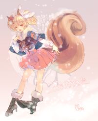 1girl ;d animal_ears aqua_capelet black_boots blonde_hair blurry bokeh boots capelet commission depth_of_field full_body fur-trimmed_boots fur-trimmed_capelet fur_trim grey_background hand_on_own_chest hand_up happy high-waist_skirt high_heel_boots high_heels highres kaiteki_live komori_risu leaning_forward long_sleeves looking_at_viewer miea222 one_eye_closed open_mouth pink_skirt poet_sleeves second-party_source signature skeb_commission skirt smile snowing solo squirrel_ears squirrel_girl squirrel_tail tail twintails