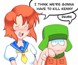 Rule 34 | 1boy, 1girl, blush, crossover, english text, green hat, hand on another&#039;s shoulder, hat, highres, higurashi no naku koro ni, i think we&#039;re gonna have to kill this guy steven (meme), kyle broflovski, meme, neckerchief, no nose, open mouth, orange hair, penkangaroo, ryuuguu rena, ryuukishi07 (style), shirt, short hair, simple background, south park, toon (style), white background, white shirt, yellow neckerchief