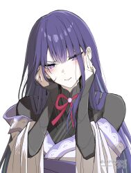 1girl absurdres asiri_senpai black_bridal_gauntlets black_shirt blue_pupils blush bridal_gauntlets closed_mouth commentary genshin_impact hair_undone hands_on_own_face highres japanese_clothes kimono long_hair looking_at_viewer mole mole_under_eye multicolored_hair portrait purple_eyes purple_hair purple_kimono raiden_shogun shirt simple_background solo streaked_hair twitter_username white_background wide_sleeves