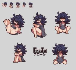 1girl anus barefoot blue_hair borrowed_character censored character_name dress drooling feet grey_background grey_dress hair_between_eyes hair_over_eyes jitome loli long_hair lying messy_hair no_panties omunikin original pixel_art pussy shaded_face short_dress simple_background sitting soles solo spread_legs squatting strap_slip